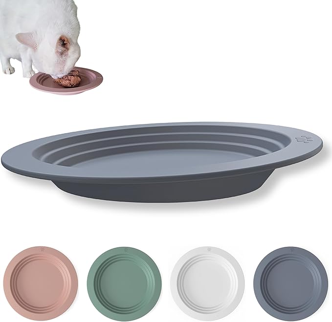 EcoLeo Whisker Friendly Cat Food Dish, Platinum Silicone, CKD, LFGB Certified Non-Toxic, Anti Whisker Fatigue, Low Profile, Shallow, Non Slip, Cat Dog Kitten Feeding Dish_Grey