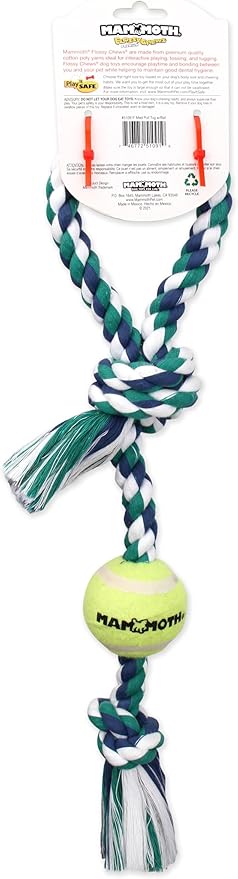 Mammoth Flossy Chews Color 3 Knot Tug with Tennis Ball Premium Cotton-Poly Tug Toy for Dogs Interactive Dog Tug Toy Rope Dog Toy with Tennis Ball for Small to Medium Dogs Medium 20" - Assorted Colors