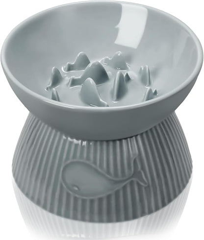 Elevated Slow Feeder Bowl for Cats and Small Dog, Stop Vomiting & Choking, Ceramic Slow Cat Bowl, Spill-Proof & Anti-Tipping, Easy to Clean, No Black Chin, Raised Pet Bowl for Dry & Wet Food