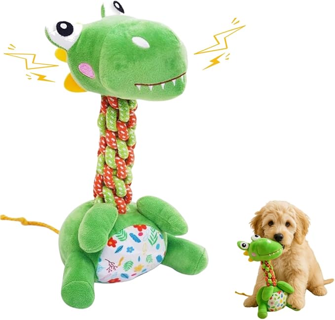 Dinosaur Rope Plush Dog Toy with Squeaker - Durable Chew & Tug Toy for Small and Medium Dogs, Teeth Cleaning & Anxiety Relief Interactive Pet Gift