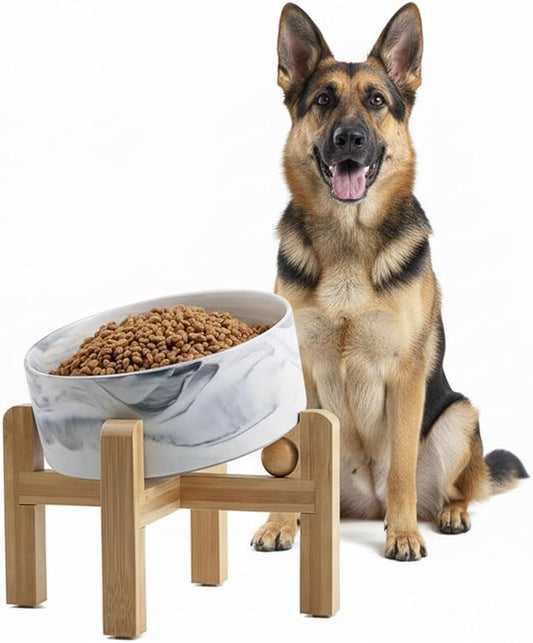 hjn Elevated Ceramic Dog Bowl 15°Slanted Raised Dog Bowl with Bamboo Stand for Small Medium Dogs and Cats, Pet Feeder -7.6-Cup (1800ml)-Marble Gray