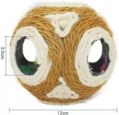 1x Hemp Ball Cat Toy,Six-Hole Hollow-Out Designed,Sisal Hemp Woven Cat Toy, Plume Bell Inside,Special Kitten Chew Toys for Indoor Cats,Interactive pet (Yellow, 12cm Ball)