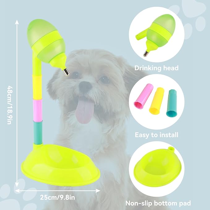 Pet Water Bottle Stand, 650ml No Drip Dog Drinking Dispenser with Adjustable Height Automatic Cat & Dog Water Dispenser Bowl Non Slip Pet Fountain for Indoor Use (Green)