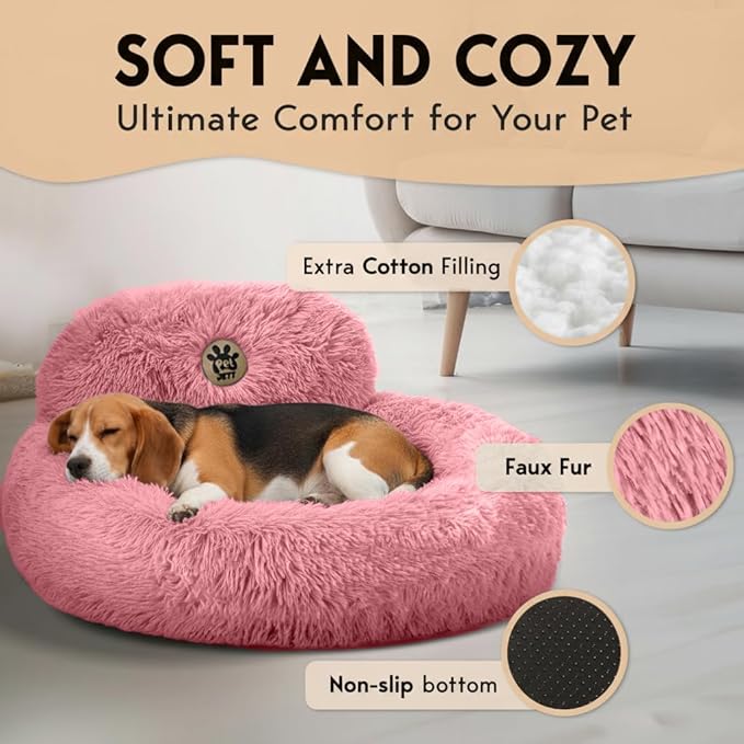 PetJett Calming Medium Dog Bed - 30'' Round Dog Beds, Anti-Slip & Washable Super Soft Fluffy Plush Donut Bed, Anti-Anxiety Premium Comfort Pet Bed, Fits Dogs up to 45 lbs - Pink