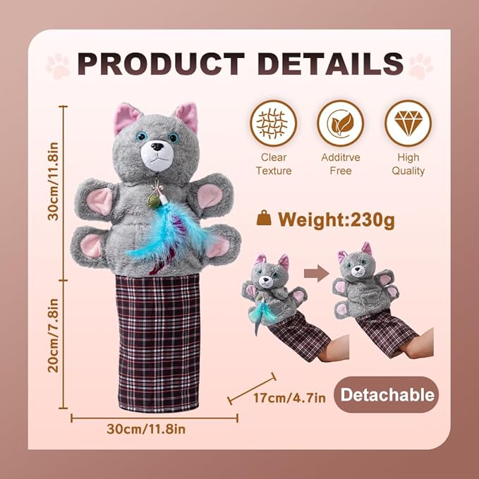 Cat Wrestling Glove Hand Puppet, Interactive Play Toy with Feather, Gray with Pink Ears, Multicolor Plaid Sleeve