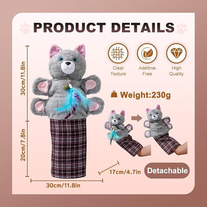 Cat Wrestling Glove Hand Puppet, Interactive Play Toy with Feather, Gray with Pink Ears, Multicolor Plaid Sleeve