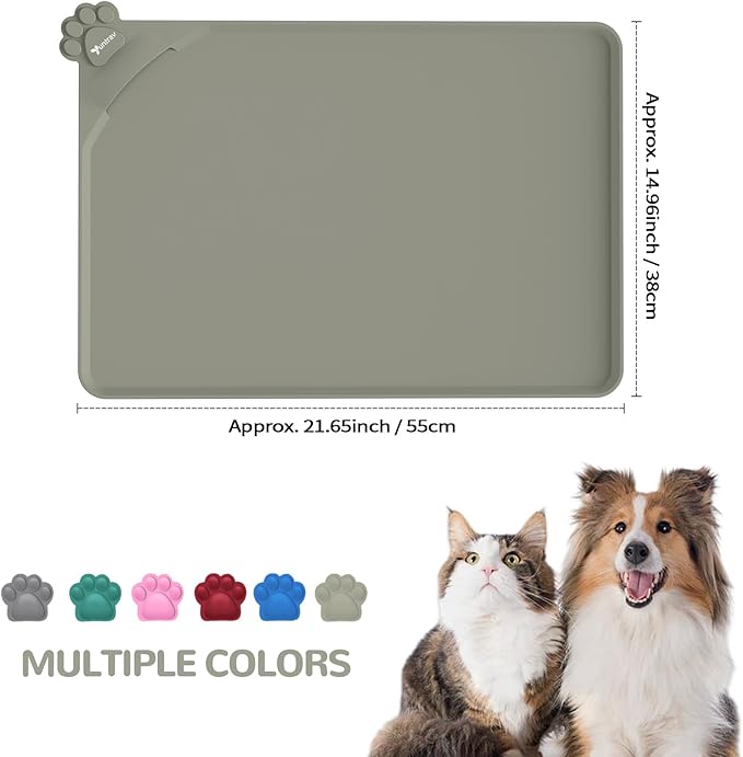 Waterproof Pet Feeding Mats with High Lips - Multiple Size and Colors, Silicone Mat, Nonslip Pet Food Mat for Dogs, Cats with Prevent Water goes Down (Beige)