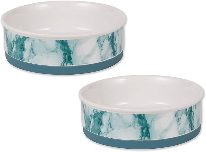 Bone Dry Ceramic Marble Non-Slip Pet Bowls, Dishwasher Safe, Large Set, 7.5x2.4, Teal, 2 Count
