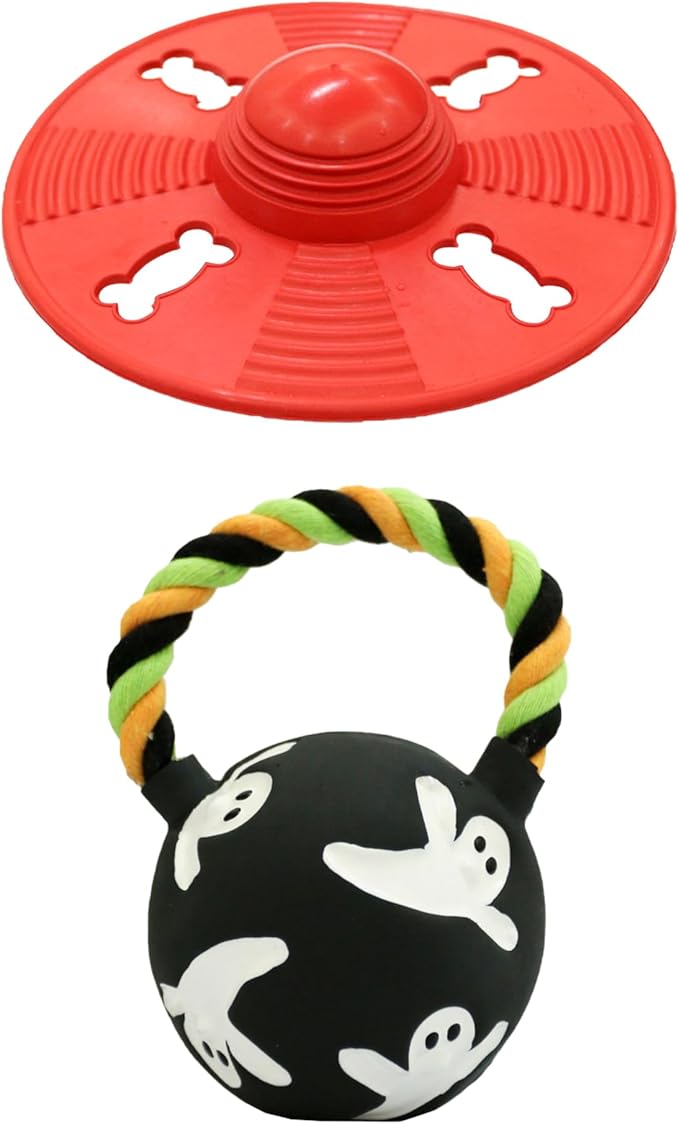Deeow Alieen Dog Frisbee for Fetch and Black Jack-o-Lantern Pet Toys, Teething Clean Outdoor Flying Disc and Halloween Pumpkin Pet Toy, Interactive Squeaky Dogs Toy for Water, Park, Beach Fun