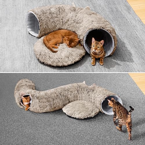 Cat Tunnel with Cat Bed for Indoor Cats, Soft Plush Peekaboo Cat Cave Donut Tunnel, Multifunctional Playground Toys Hideplace for Small Medium Large Kittens, Rabbit, Ferret, Brown - Image 3