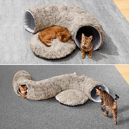 Cat Tunnel with Cat Bed for Indoor Cats, Soft Plush Peekaboo Cat Cave Donut Tunnel, Multifunctional Playground Toys Hideplace for Small Medium Large Kittens, Rabbit, Ferret, Brown - Image 3