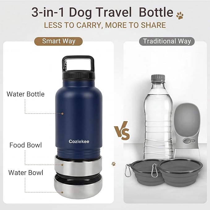 3-in-1 Dog Water Bottle Portable, 32oz Insulated Stainless Steel Pet Water Dispenser with 2 Detachable Travel Dog Bowls for Water & Food, Leak-Proof Puppy Water Bottle for Hiking, Walking (Blue)