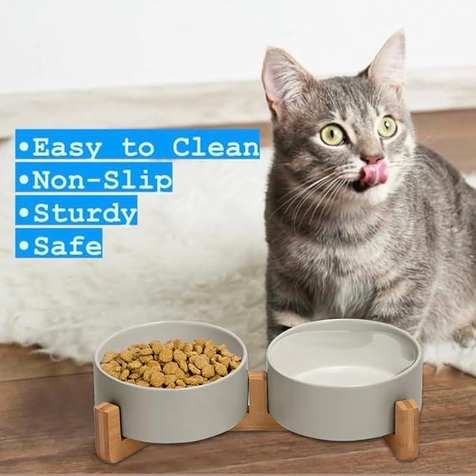 Ceramic Cat and Small Dog Bowl Set – Modern Indoor Small Size Pet Food and Water Bowls with Wood Stand – Non Slip Puppy Sized Feeding Station with Double Dishes (Gray)