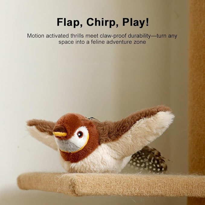 Tyasoleil Flapping Bird Cat Toy with Simulated Chirping & Touch-Activated Wings - Plush Interactive Kitten Toy for Indoor Cats, Self-Play Design with Catnip (Sparrow)