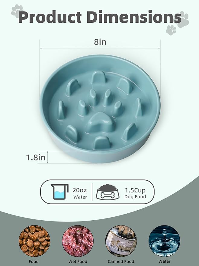 Ceramic 1.5 Cup Slow Feeder Dog Bowl, Slow Feeding Dish for Small & Medium Breeds to Slow Down Eating, Anti-Gulping, Preventing Choking (Turquoise)