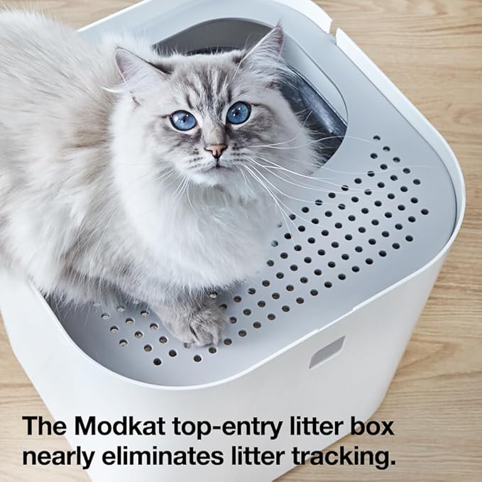 Modkat Top-Entry Litter Box - Reduces Litter Tracking, Swivel Lid for Easy Cleaning, Leak-Proof, Dog Proof - Includes Scoop & Reusable Liner White
