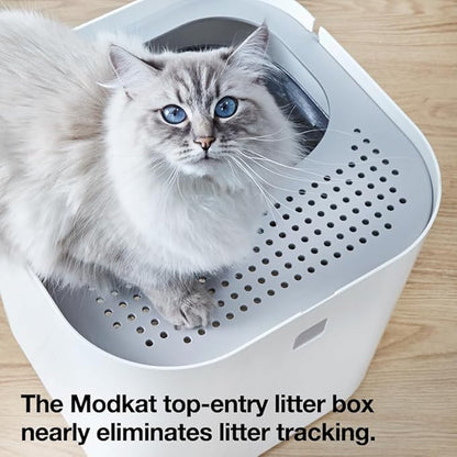 Modkat Top-Entry Litter Box - Reduces Litter Tracking, Swivel Lid for Easy Cleaning, Leak-Proof, Dog Proof - Includes Scoop & Reusable Liner White