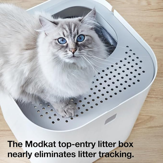 Modkat Top-Entry Litter Box - Reduces Litter Tracking, Swivel Lid for Easy Cleaning, Leak-Proof, Dog Proof - Includes Scoop & Reusable Liner Gray