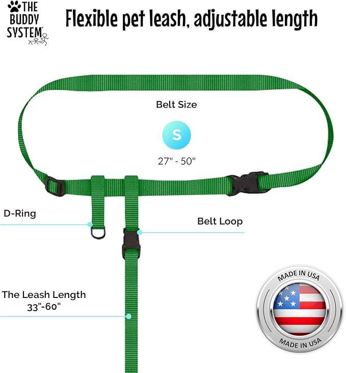 The Buddy System Hands Free Dog Leash, Adjustable Leash for Running, Jogging, Training and Service Dogs, Great for Small, Medium and Large Dogs, Made in USA (Green, Small Dog System (Large Belt))