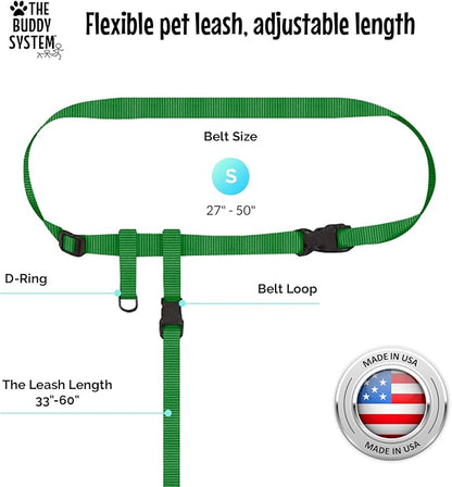 The Buddy System Hands Free Dog Leash, Adjustable Leash for Running, Jogging, Training and Service Dogs, Great for Small, Medium and Large Dogs, Made in USA (Green, Small Dog System (Large Belt))