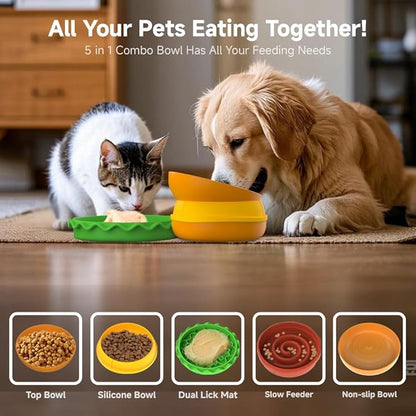 5-in-1 Burger Pet Bowls Set - Tilted, Elevated, Slow Feeder, Lick Mat, Non-Slip Bowls for Dog & Cat