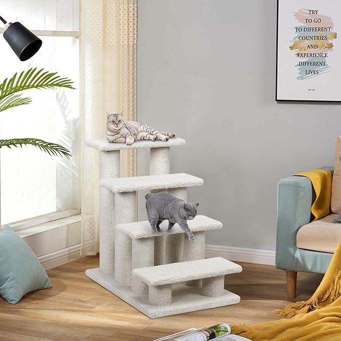Tangkula Pet Stairs for Cats and Dogs, 4-Step Carpeted Ladder Ramp Cat Climber Cat Scratching Post, Multi-Step Dog Stairs for High Beds, Couch (Grayish White)