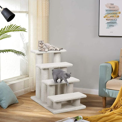 Tangkula Pet Stairs for Cats and Dogs, 4-Step Carpeted Ladder Ramp Cat Climber Cat Scratching Post, Multi-Step Dog Stairs for High Beds, Couch (Grayish White)