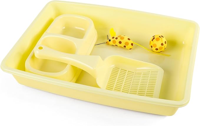 PAWISE Cat Litter Box Set, Small Kitten Starter Kit, Includes Litter Box, Litter Scoop, Double Dish Feeding Bowl, Cat Mouse Toy, Kitty Ball Toy, Yellow