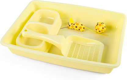 PAWISE Cat Litter Box Set, Small Kitten Starter Kit, Includes Litter Box, Litter Scoop, Double Dish Feeding Bowl, Cat Mouse Toy, Kitty Ball Toy, Yellow