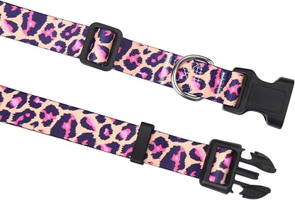 Dog Collar and Leash Set with Bohemia Floral Tribal Geometric Patterns - Soft Ethnic Style Collar Adjustable for Small Medium Large Dogs(Pink Leopard Set,S)