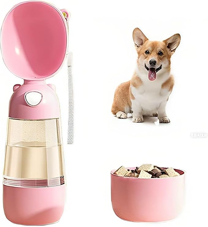 Portable Dog Water Bottle for Walking, Leak Proof 2 in 1 Water and Food Dispenser, BPA Free Pet Travel Water Bottle for Hiking, Lightweight Puppy Outdoor Drinking Bowl (Pink)