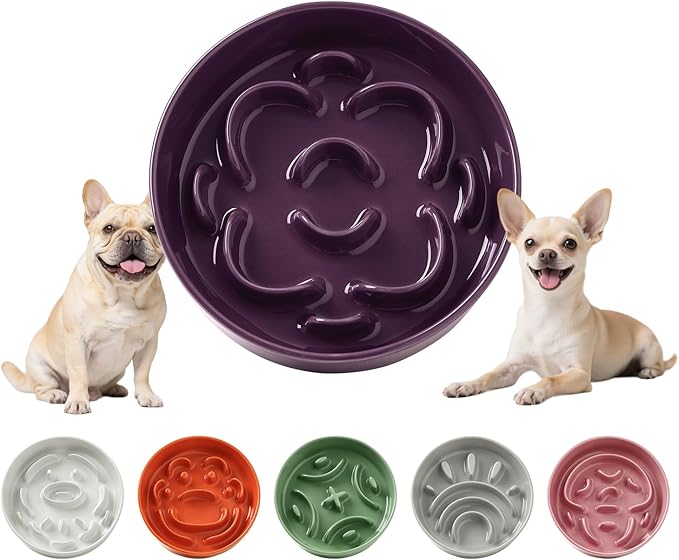 Ceramic Slow Feeder Dog Bowl - Feeding Dish for Fast Eaters - Maze Dog Bowl to Slow Down Eating - Ideal Food Control Dish for Small Breeds - 0.8 Cups (80g) - 6.3 Inch - Purple