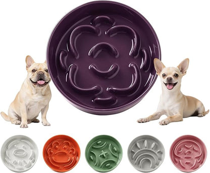 Ceramic Slow Feeder Dog Bowl - Feeding Dish for Fast Eaters - Maze Dog Bowl to Slow Down Eating - Ideal Food Control Dish for Small Breeds - 0.8 Cups (80g) - 6.3 Inch - Purple