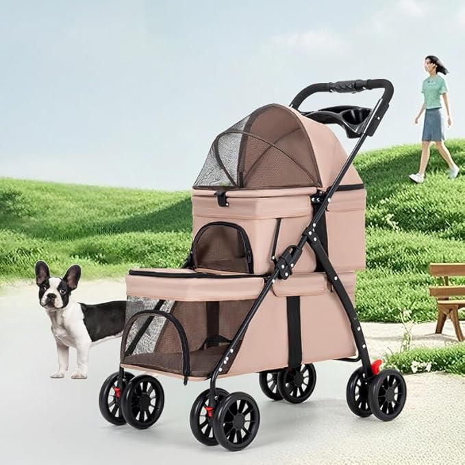 YYW Double Pet Stroller for Dogs and Cats, One-Hand Foldable Dog Stroller with Cup Holder