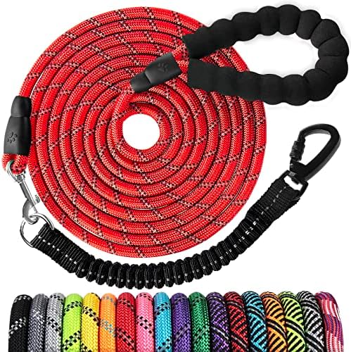 Long Dog Leash 15 FT: Heavy Duty Rope Leashes for Dogs Training with Swivel Lockable Hook Reflective Threads Bungee and Padded Handle - Dog Lead for Large Small Medium Dogs Outside Walking Hiking Red by jenico