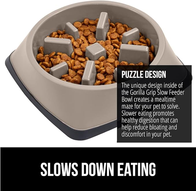 GORILLA GRIP Patented BPA Free Slow Feeder Dog Bowls, Interactive Puzzle Toy for Dogs and Cats Food Training Enrichment, Keeps Pets Busy and Prevents Puppy Overeating, All Breeds, 2 Cup, Beige