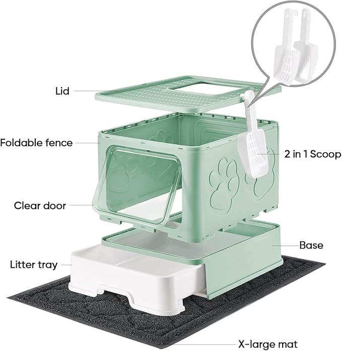 Cat Litter Box with X-Large Litter Mat and Scoop, Large Covered Litter Box with Lid, Enclosed Kitty Box,Front Top Entry Exit, Odor Control Easy to Clean (Upgrade Green)
