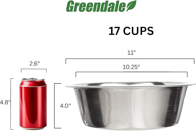 Greendale - 2 Pack - 17 Cup Capacity - Stainless Steel Metal Dog Bowls - Perfect for Dog Food and Water. Wrong Size? Click to Look at Our Size Options.