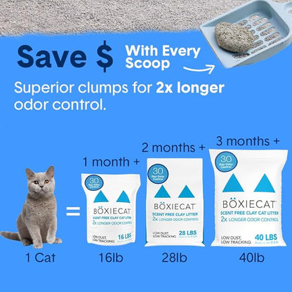 Boxie Unscented 30 Day Odor Control Clumping Clay Cat & Kitty Litter, 99.9% Dust-Free, Hard Flat Top Clumps, No Fragrances No Fillers, Long-Lasting, Easy to Scoop,16 lb (Pack of 2)