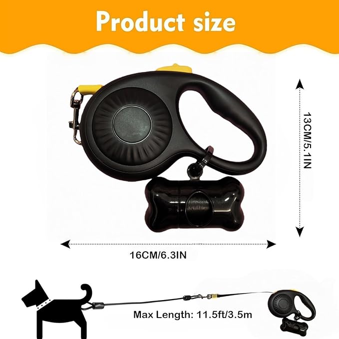 Double Dog Leash for Walking 2 Small Dogs (Up to 33 Lbs Each), Dual Retractable 9.8ft Extendable Strong Nylon Tape Pet Leash with Poop Bags, One-Handed Brake, Pause, Lock (Black)