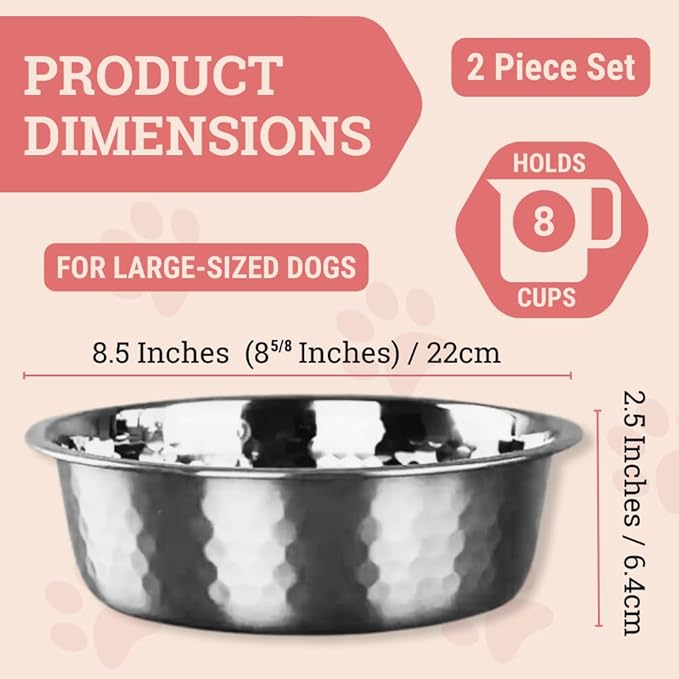 2pcs Stainless Steel Dog Bowls, Hammered Thickened Metal Dog Bowl Feeding or Water Bowls for Small/Medium/Large Sized Dogs & Cats Stackable Metal Cat Bowl Dishwasher Safe