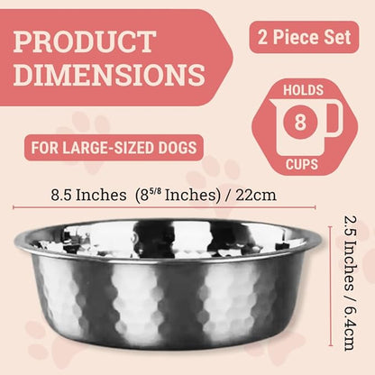2pcs Stainless Steel Dog Bowls, Hammered Thickened Metal Dog Bowl Feeding or Water Bowls for Small/Medium/Large Sized Dogs & Cats Stackable Metal Cat Bowl Dishwasher Safe