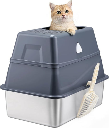 Enclosed Stainless Steel Cat Litter Box with Lid, Top Entry Design,Dog Proof,Protection for Cat Privacy, Includes Scoop, Suitable for Kitty&Medium (Grey)