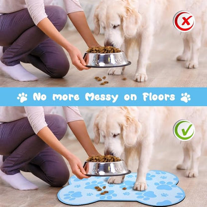 Dog Food Mats for Floors Waterproof, Pet Feeding Absorbent Water Bowl Mat Cat Placemats Blue Bone Shape 23.6 * 15.7 inch