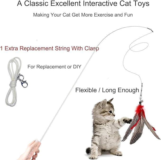 Cat Teaser Wand Set for Indoor Cats (13 Pack) - Retractable with Feather Refills, Interactive Toy to Boost Exercise & Relieve Boredom