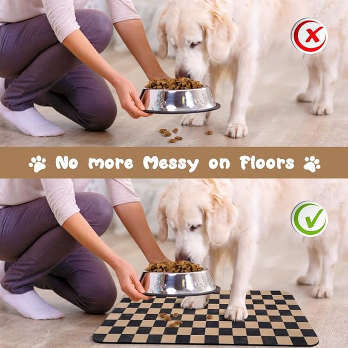 Dog Food Mats for Floors Waterproof, Pet Water Bowl Mats Pet Feeding Absorbent Placemats Plaid 12 * 20 inch