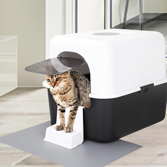 Sfozstra Cat Litter Box with Lid, Fully Enclosed Splash-Proof and Leak-Proof Urine High Edge and Odorless Cat Litter Box, Easy to Installation and Clean (Black with Pedal(S))