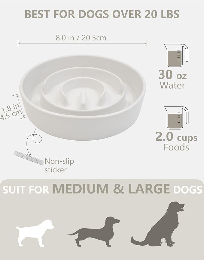 Ceramic Slow Feeder Dog Bowls, 2.0 Cups Slow Feeder for Medium Dogs, Puzzle Maze Bowl to Slow Down Eating, 30oz, 8in, White