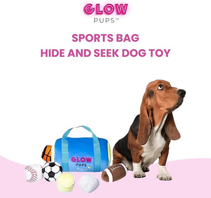 Glow Pups Dog Toy Sports Bag Hide and Seek Interactive Dog Toy with 6 Plush Squeaky Balls, Crinkle 10 Inches Long, Soft Plush, Blue and Yellow Sports Bag with Basketball, Soccer and Football