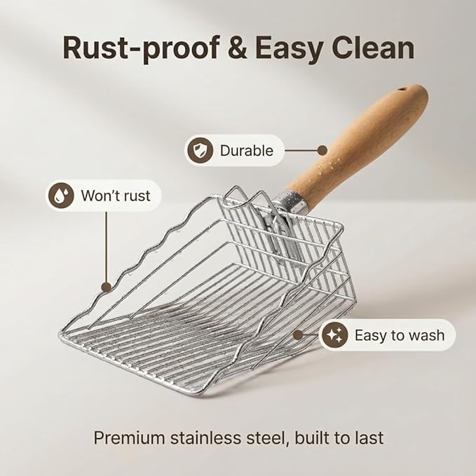 Metal Cat Litter Scoop with Holder, Stainless Steel Cat Litter Scooper Holder Trash Container, Heavy-Duty Kitty Poop Scooper with Coarse and Fine Grids for All Litter Pan